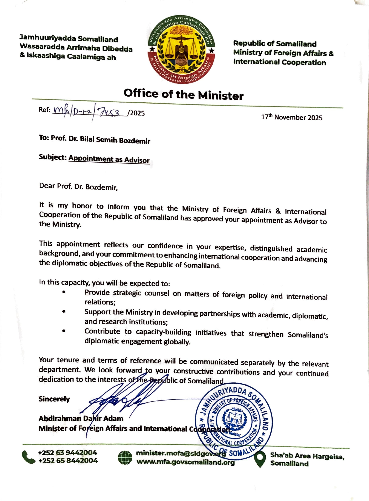Prof. Dr. Bilal Semih Bozdemir - Somaliland Dışişleri Bakanlığı 17 Kasım 2025 Appointment as Advisor belgesi