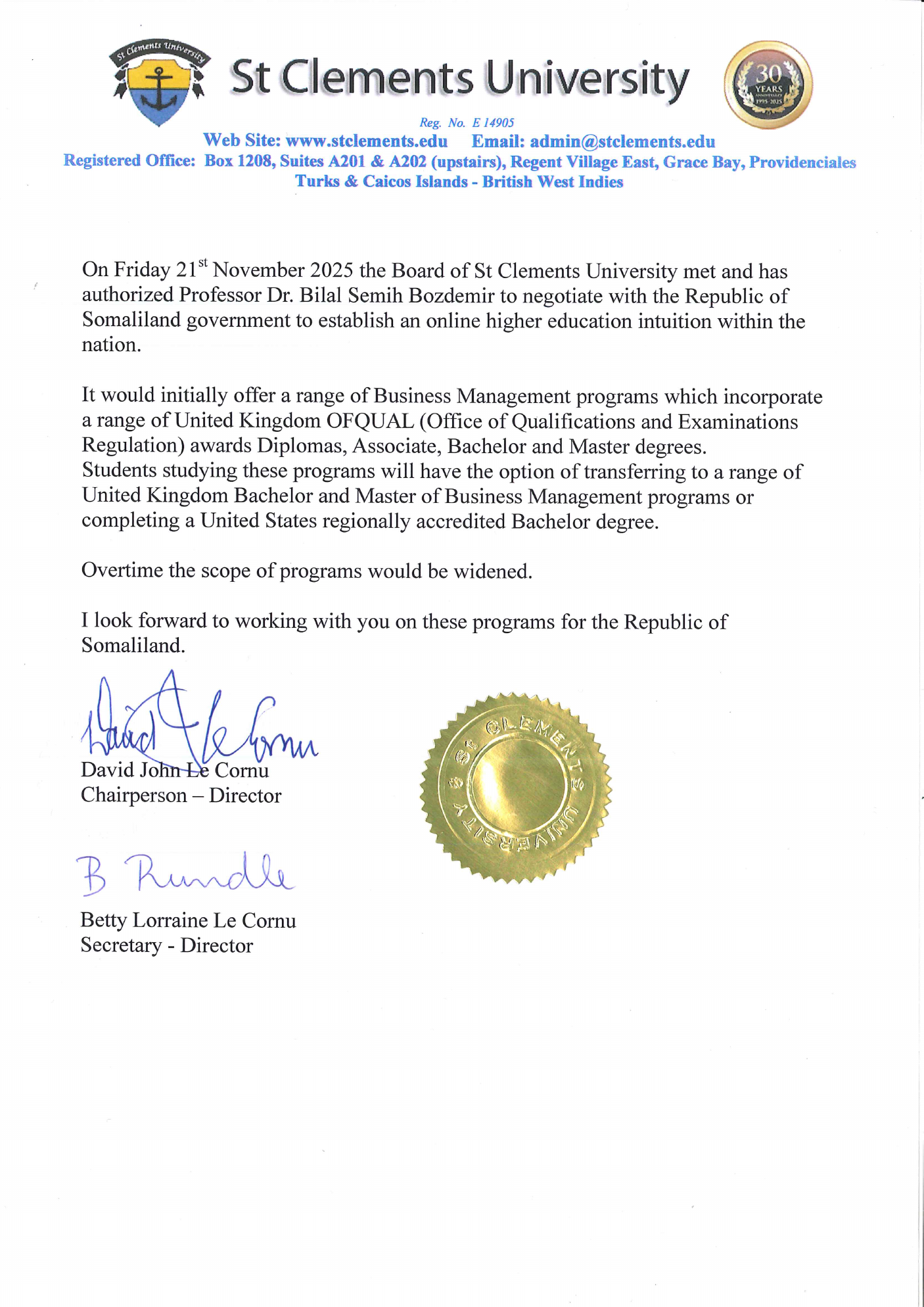 St. Clements University Board authorization Somaliland Prof. Dr. Bilal Semih Bozdemir 21 Kasım 2025