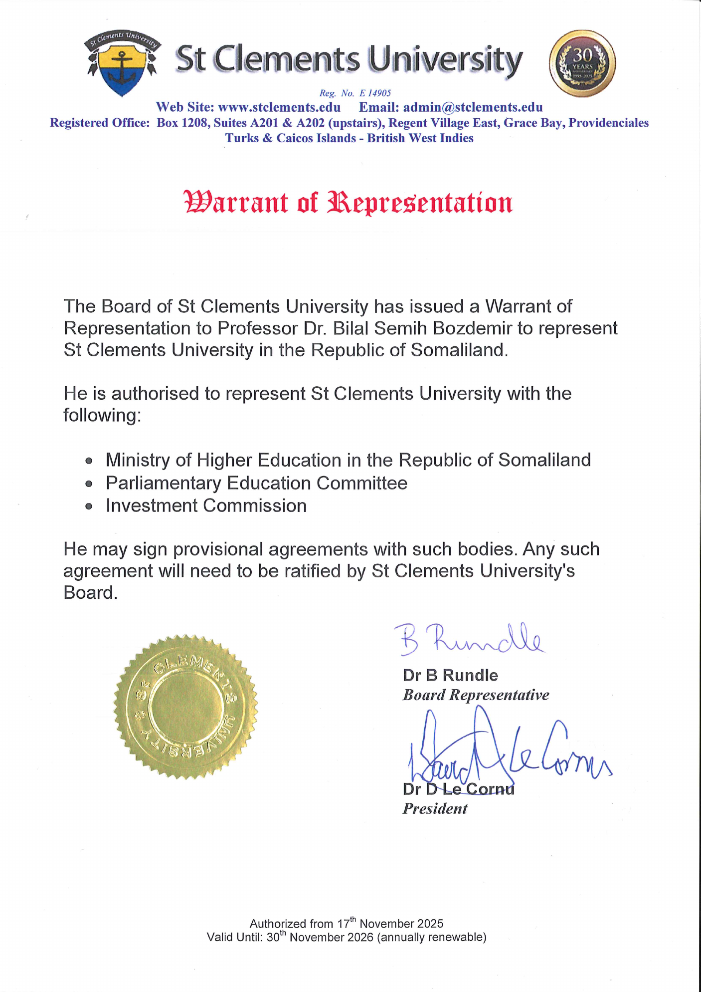 St. Clements University Somaliland Warrant of Representation Prof. Dr. Bilal Semih Bozdemir 17 Kasım 2025